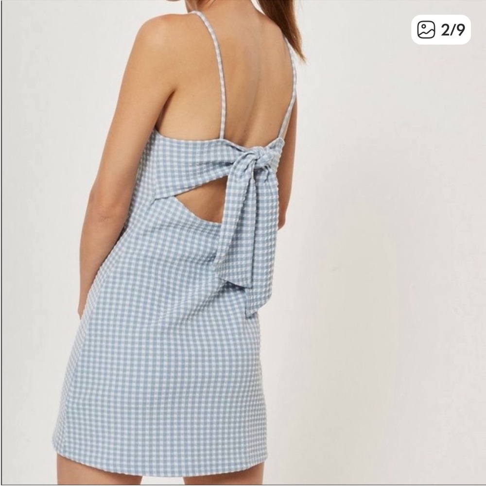 Topshop Light Blue Gingham Tie-Back Mini Dress Picnic Cottagecore Retro